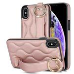 For iPhone XS / X Non-slip Full Coverage Ring PU Phone Case with Wristband(Rose Gold)
