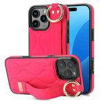 For iPhone 16 Pro Non-slip Full Coverage Ring PU Phone Case with Wristband(Rose Red)