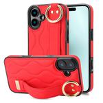 For iPhone 16 Plus Non-slip Full Coverage Ring PU Phone Case with Wristband(Red)