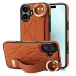 For iPhone 16 Non-slip Full Coverage Ring PU Phone Case with Wristband(Brown)