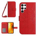For Samsung Galaxy S24 Ultra 5G Skin Feel Sun Flower Embossed Flip Leather Phone Case with Lanyard(Red)