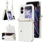 For OPPO Find N2 Flip Rhombic Texture Card Bag PU Phone Case with Long Lanyard(White)