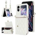 For OPPO Find N2 Flip Rhombic Texture Card Bag PU Phone Case with Long Lanyard(White)