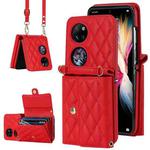 For Huawei P50 Pocket Rhombic Texture Card Bag PU Phone Case with Long Lanyard(Red)