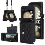 For Samsung Galaxy Z Flip5 Rhombic Texture Card Bag PU Phone Case with Long Lanyard(Black)