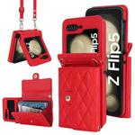 For Samsung Galaxy Z Flip5 Rhombic Texture Card Bag PU Phone Case with Long Lanyard(Red)