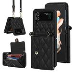 For Samsung Galaxy Z Flip3 Rhombic Texture Card Bag PU Phone Case with Long Lanyard(Black)