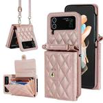 For Samsung Galaxy Z Flip3 Rhombic Texture Card Bag PU Phone Case with Long Lanyard(Rose Gold)