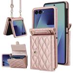 For Samsung Galaxy Z Flip7 5G Rhombic Texture Card Bag PU Phone Case with Long Lanyard(Rose Gold)