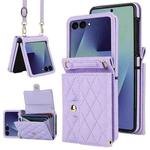 For Samsung Galaxy Z Flip7 5G Rhombic Texture Card Bag PU Phone Case with Long Lanyard(Purple)