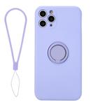 For iPhone 11 Solid Color Liquid Silicone Shockproof Full Coverage Protective Case with Ring Holder & Lanyard(Light Purple)