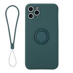 For iPhone 11 Solid Color Liquid Silicone Shockproof Full Coverage Protective Case with Ring Holder & Lanyard(Deep Green)