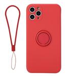For iPhone 11 Solid Color Liquid Silicone Shockproof Full Coverage Protective Case with Ring Holder & Lanyard(Red)