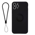 For iPhone 11 Pro Solid Color Liquid Silicone Shockproof Full Coverage Protective Case with Ring Holder & Lanyard(Black)