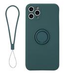 For iPhone 11 Pro Solid Color Liquid Silicone Shockproof Full Coverage Protective Case with Ring Holder & Lanyard(Deep Green)