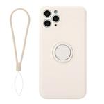 For iPhone 11 Pro Solid Color Liquid Silicone Shockproof Full Coverage Protective Case with Ring Holder & Lanyard(Beige)