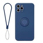 For iPhone 11 Pro Max Solid Color Liquid Silicone Shockproof Full Coverage Protective Case with Ring Holder & Lanyard(Dark Blue)
