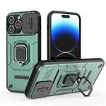 For iPhone 14 Pro Max Sliding Camshield TPU + PC Shockproof Phone Case with Holder(Green)