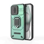 For iPhone 16 Sliding Camshield TPU + PC Shockproof Phone Case with Holder(Green)