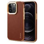 For iPhone 12 Pro Max Denior Cowhide Leather Plating Phone Case(Brown)