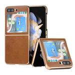 For Samsung Galaxy Z Flip5 Nano Electroplating Dual Color Cowhide Texture Protective Phone Case(Brown)