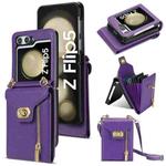 For Samsung Galaxy Z Flip5 Zipper Card Slots Folding Phone Case with Long Lanyard(Purple)