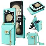 For Samsung Galaxy Z Flip5 Zipper Card Slots Folding Phone Case with Long Lanyard(Mint Green)