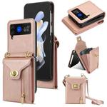For Samsung Galaxy Z Flip4 Zipper Card Slots Folding Phone Case with Long Lanyard(Rose Gold)