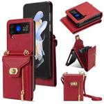 For Samsung Galaxy Z Flip4 Zipper Card Slots Folding Phone Case with Long Lanyard(Red)