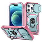 For iPhone 15 Pro Max Sliding Camshield Holder Phone Case(Green+Pink)