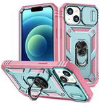 For iPhone 15 Plus Sliding Camshield Holder Phone Case(Green+Pink)