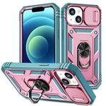 For iPhone 15 Sliding Camshield Holder Phone Case(Pink+Green)