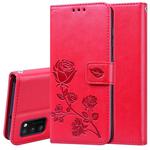 For Samsung Galaxy A41 Rose Embossed Horizontal Flip PU Leather Case with Holder & Card Slots & Wallet(Red)