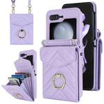 For Samsung Galaxy Z Flip5 V-shaped RFID Card Slot Phone Case with Ring Holder(Purple)