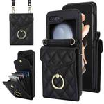 For Samsung Galaxy Z Flip5 Diamond Lattice RFID Card Slot Phone Case with Ring Holder(Black)