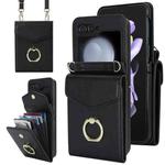 For Samsung Galaxy Z Flip5 Litchi Texture RFID Card Slot Phone Case with Ring Holder(Black)