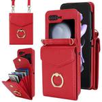 For Samsung Galaxy Z Flip5 Litchi Texture RFID Card Slot Phone Case with Ring Holder(Red)