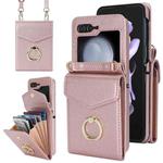 For Samsung Galaxy Z Flip5 Litchi Texture RFID Card Slot Phone Case with Ring Holder(Rose Gold)