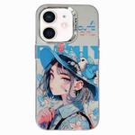 For iPhone 11 Chinese Ancient Style Electroplated Lens Ring PC Hybrid TPU Phone Case(Girl with Blue Hat)