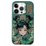 For iPhone 14 Pro Max Chinese Ancient Style Electroplated Lens Ring PC Hybrid TPU Phone Case(Green Background Girl)