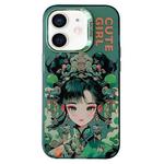 For iPhone 12 Chinese Ancient Style Electroplated Lens Ring PC Hybrid TPU Phone Case(Green Background Girl)