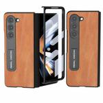 For Samsung Galaxy Z Fold5 ABEEL Integrated Cowhide Texture PU Phone Case with Holder(Brown)