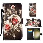 For Samsung Galaxy S24 Ultra 5G Colored Drawing Pattern Plain Weave Leather Phone Case(Roses On Black)