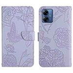 For Motorola Moto G14 HT03 Skin Feel Butterfly Embossed Flip Leather Phone Case(Purple)