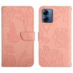 For Motorola Moto G14 HT03 Skin Feel Butterfly Embossed Flip Leather Phone Case(Pink)