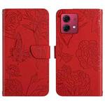 For Motorola Moto G84 HT03 Skin Feel Butterfly Embossed Flip Leather Phone Case(Red)