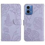 For Motorola Moto G34 5G HT03 Skin Feel Butterfly Embossed Flip Leather Phone Case(Purple)