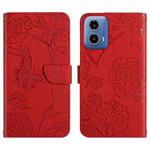 For Motorola Moto G34 5G HT03 Skin Feel Butterfly Embossed Flip Leather Phone Case(Red)