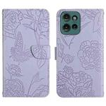 For Motorola Moto G 5G 2025 HT03 Skin Feel Butterfly Embossed Flip Leather Phone Case(Purple)