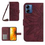 For Motorola Moto G14 HT04 Skin Feel Sun Flower Embossed Flip Leather Phone Case with Lanyard(Wine Red)
